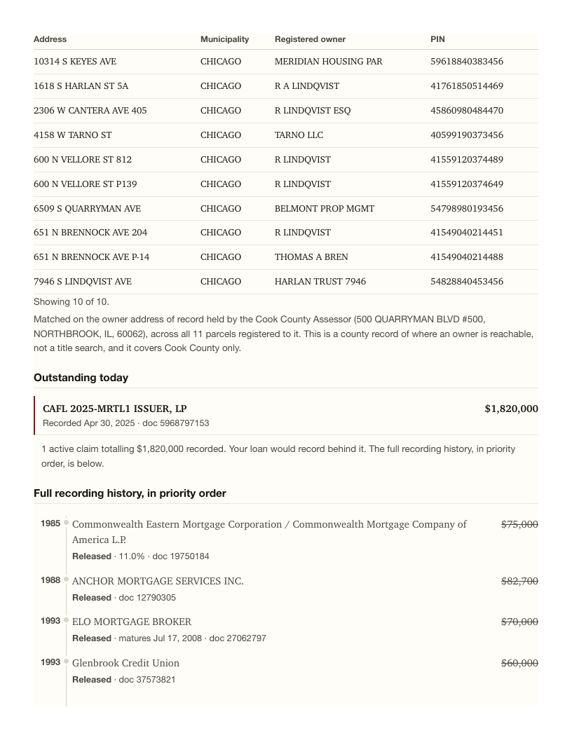 Page 2: the ten other parcels listed out, the active claim, and the start of the full recording history in priority order